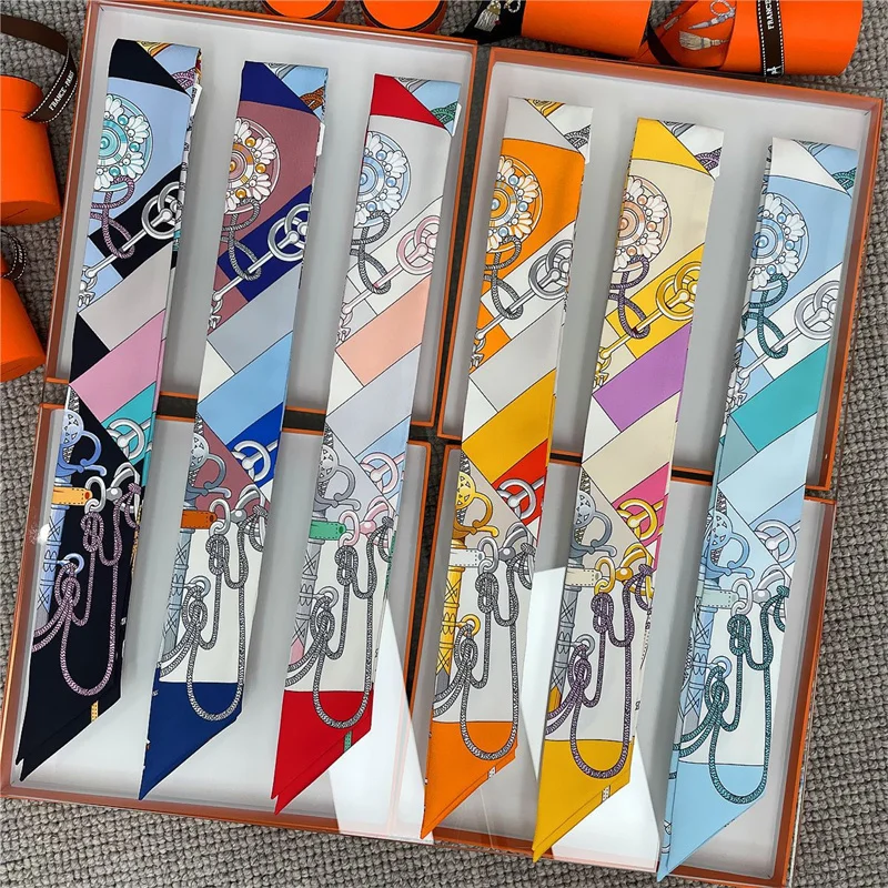 2025 العلامة التجارية تصميم سلاسل النساء التوت وشاح حريري وشاح فاخر موضة الشعر عقال فولارد نحيل حقيبة الأوشحة منديل #6