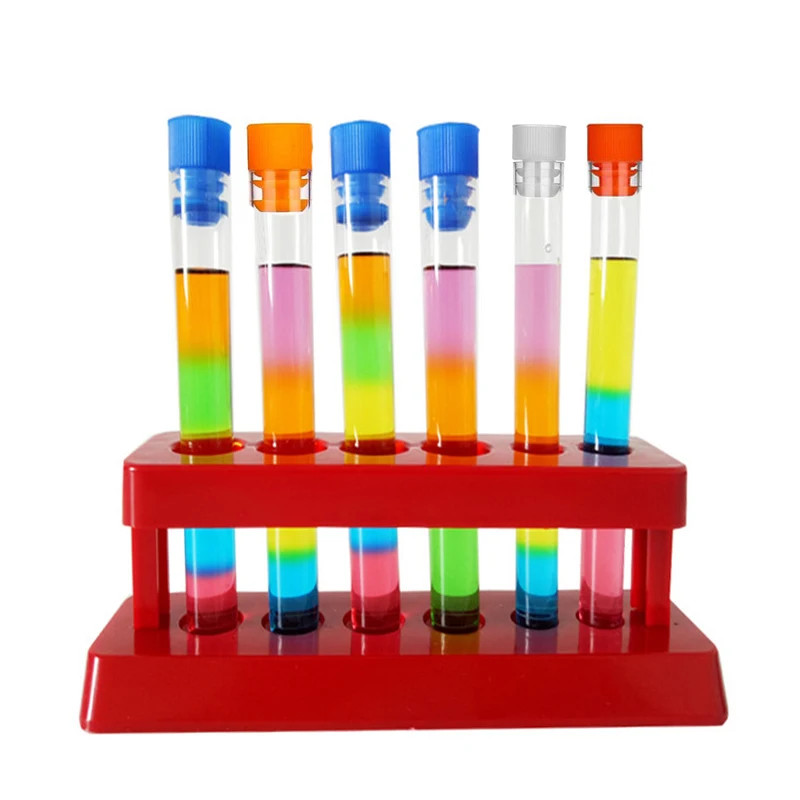 Set of 6 Assorted Color Plastic Test Tube Set with Caps and Rack Scientific Experiment(1 Set)