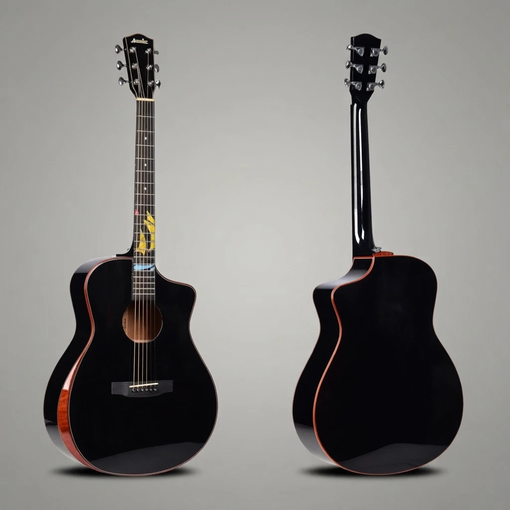 Gloss Black GA Cutaway Guitar, Red Edge Binding, Yellow Leaf Inlay, 6 Strings, Chrome Tuners for Beginners Daily Practice