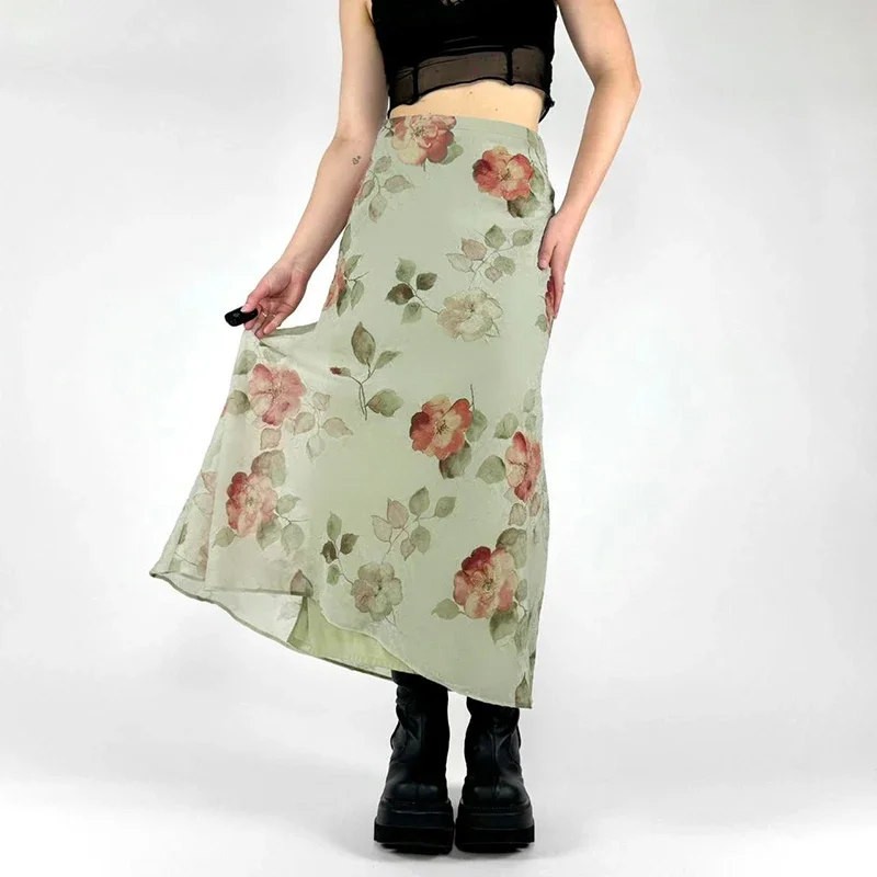 Y2k زهرة طباعة شبكة المرقعة تنورة بوهو الجمالية ألف خط طبقة مزدوجة التنانير الطويلة خمر عالية الخصر عطلة قيعان