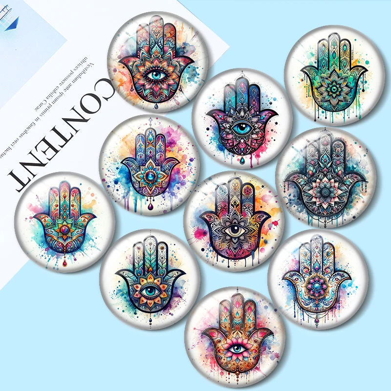 Watercolor  Hamsa Clip 10pcs 12mm/18mm/20mm/25mm Round photo glass cabochon flat back Making findings for bracelets