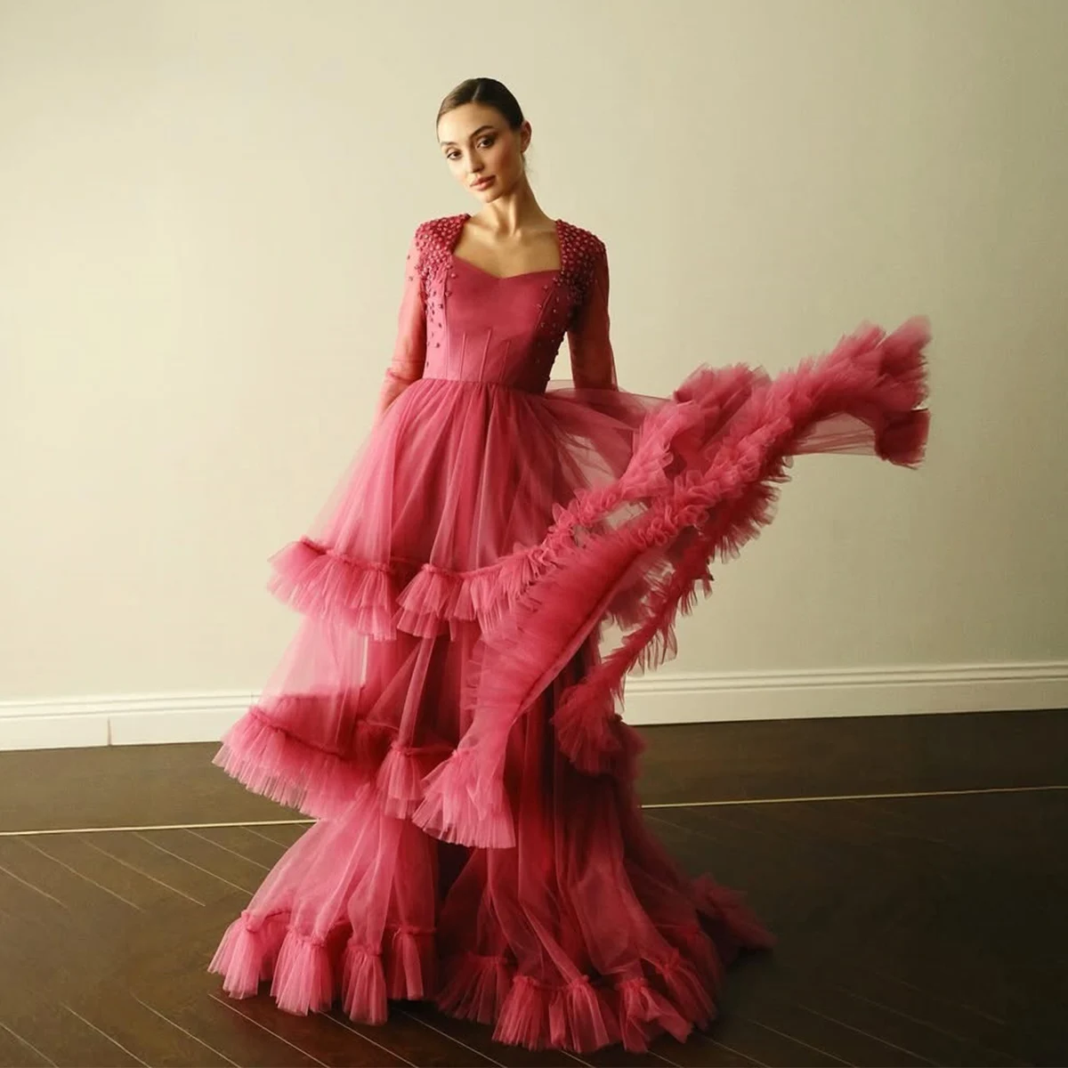 Gorgeous Tiered A Line Prom Dresses Sheer Long Sleeves Pearls Beaded Evening Gowns Floor Length Women Formal Party Dress