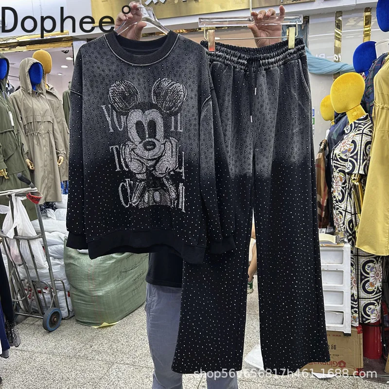 

Модные комплекты с капюшоном с Микки, женские новые осенние пуловеры с круглым вырезом и градиентом бриллиантов + свободные прямые брюки с эластичной резинкой на талии