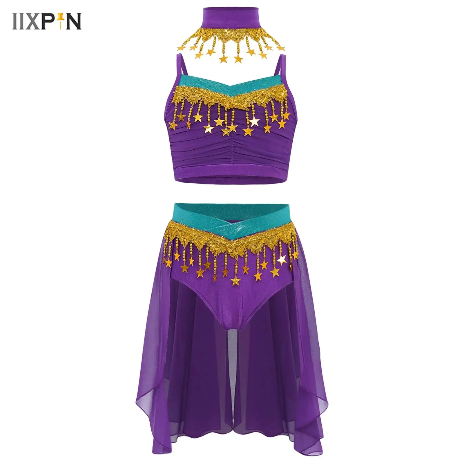 

Kids Girls Belly Dance Outfit 3Pcs Shiny Star Sequins Camisole Crop Top+Chiffon Skirt+Collar for Carnival Halloween Cosplay