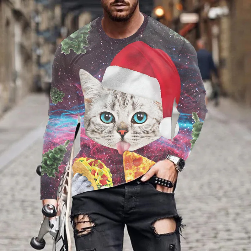 Autumn Winter Christmas Style Men\'s Long Sleeve T-Shirts Snowflake And Deer 3D Print Male Red Tees Festival Casual Big Size Tops