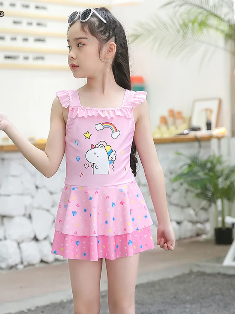 Cute Little Girl's Quick Drying Swimsuit 2023 Korean Version Pink Printed One Piece Swimsuit for Middle and Big Child Swimming