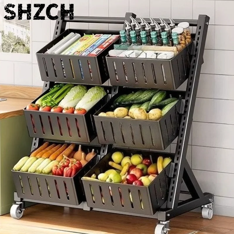 ‌Large Capacity Kitchen Shelf, Multi-Tier Fruit Vegetable Rack, Mobile Storage Cart for Snacks Toys, Heavy Duty Floor Organizer