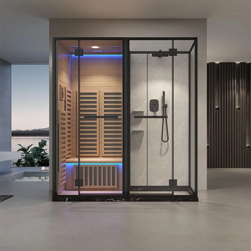 Indoor Modern Villa Far Infrared Sauna Shower Room with Solid Wood Hemlock Construction Intelligent Control Transom Windows