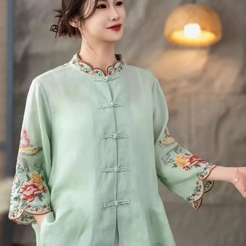 

Spring Summer Ladies Embroidered Shirts With Lotus Leaf Stand Collar Embroidered Vintage Cotton Linen Printed Shirts And Tops