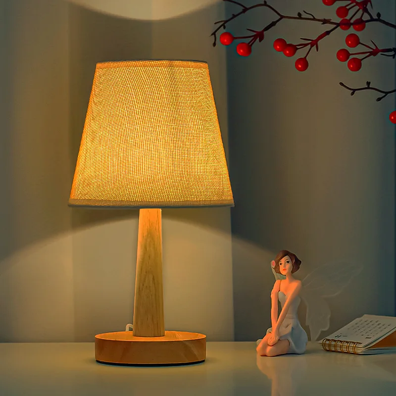 

Nordic Desk Lamp USB Powered Bedside Table Lamp Fabric Shade For Farmhouse Bedroom Living Room Dormitory Home Nature Wooden Lamp