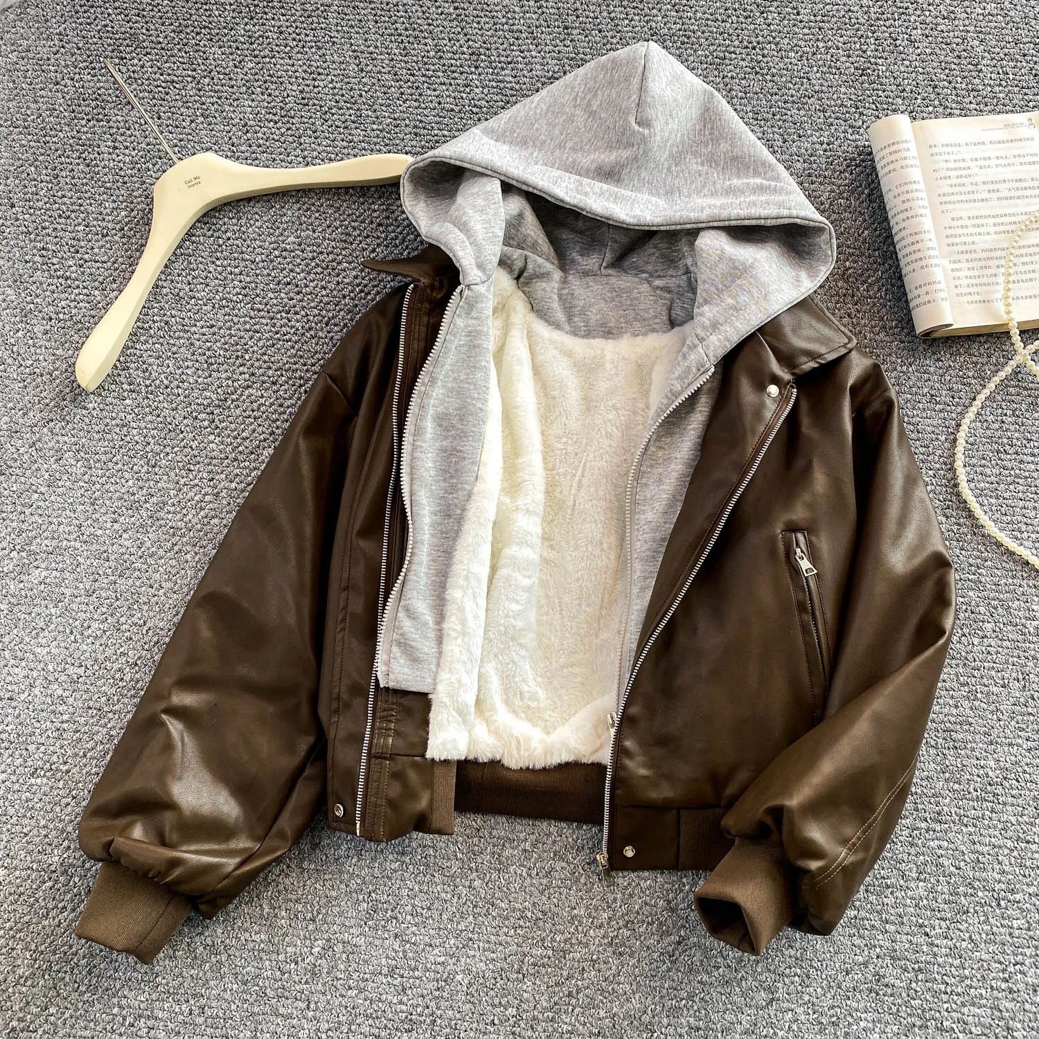 الرجعية Fce اصطف Thiened الربط سليم صالح مقنعين Jaet المرأة الشتاء حجم صغير بارد الرياح بولي معطف معطف جلد مع سحاب