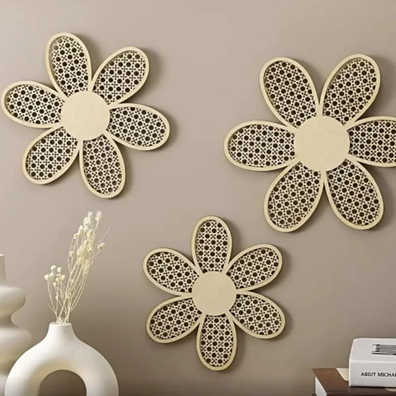 Boho Daisy Hanging Wall Decoration Nordic Wooden Rattan Woven Flower Ornaments Baby Room Nursery Decor Photo Props Home Crafts