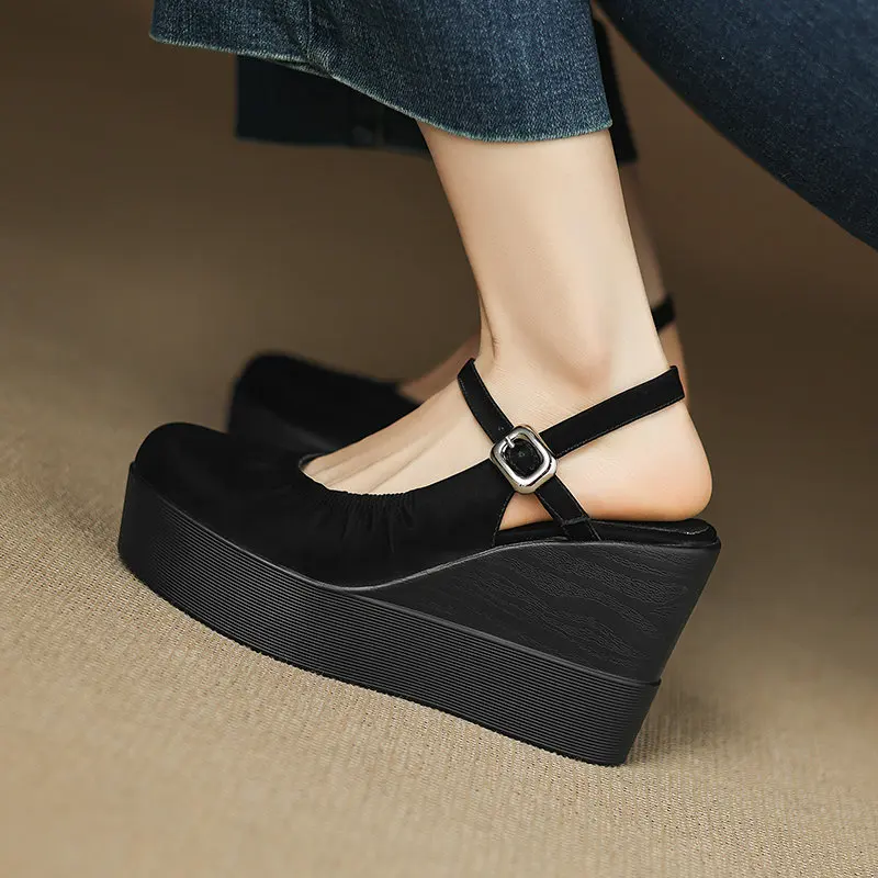 Closed Toe Silver Slingbacks Shoes for Women Velour Black Platform Wedges High Heels Summer Pumps Classic Fashion Sandals