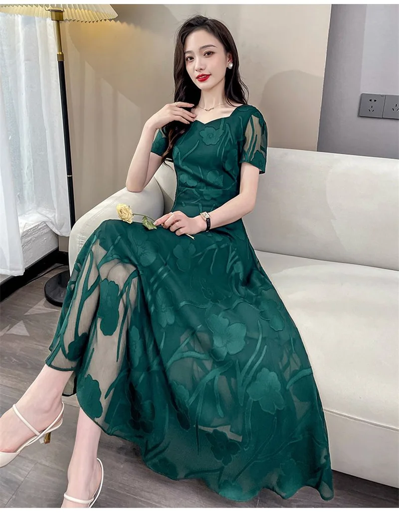 Vestidos de noche Vestidos para mujer Vestido recortado de gama alta Vestido largo de temperamento suelto con cintura de manga corta para primavera y verano para mujer