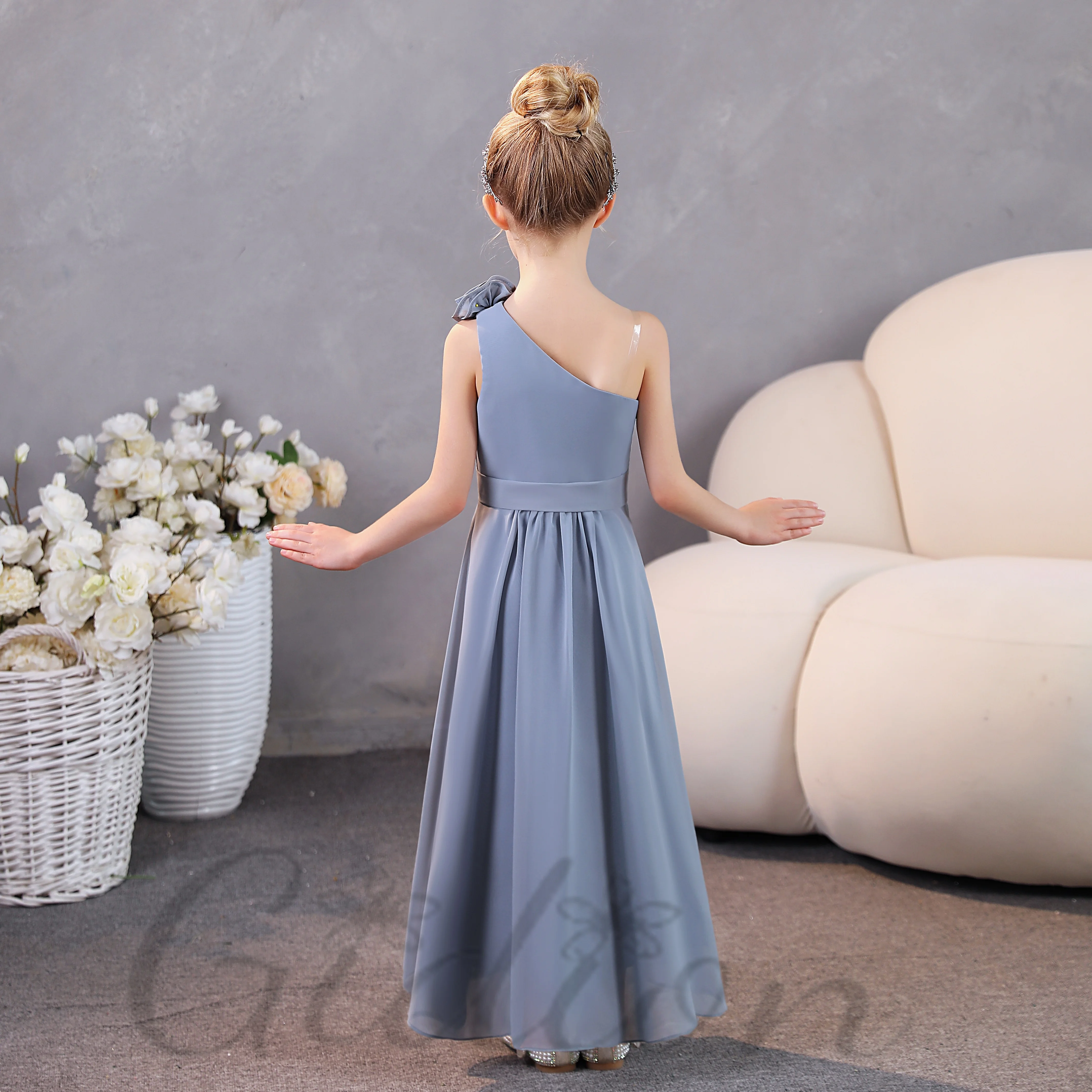 One Shoulder Chiffon Junior Bridesmaid Dress For Kids Wedding Ceremony Birhtday Party Ball Evening-Gown Prom Night Banquet Event