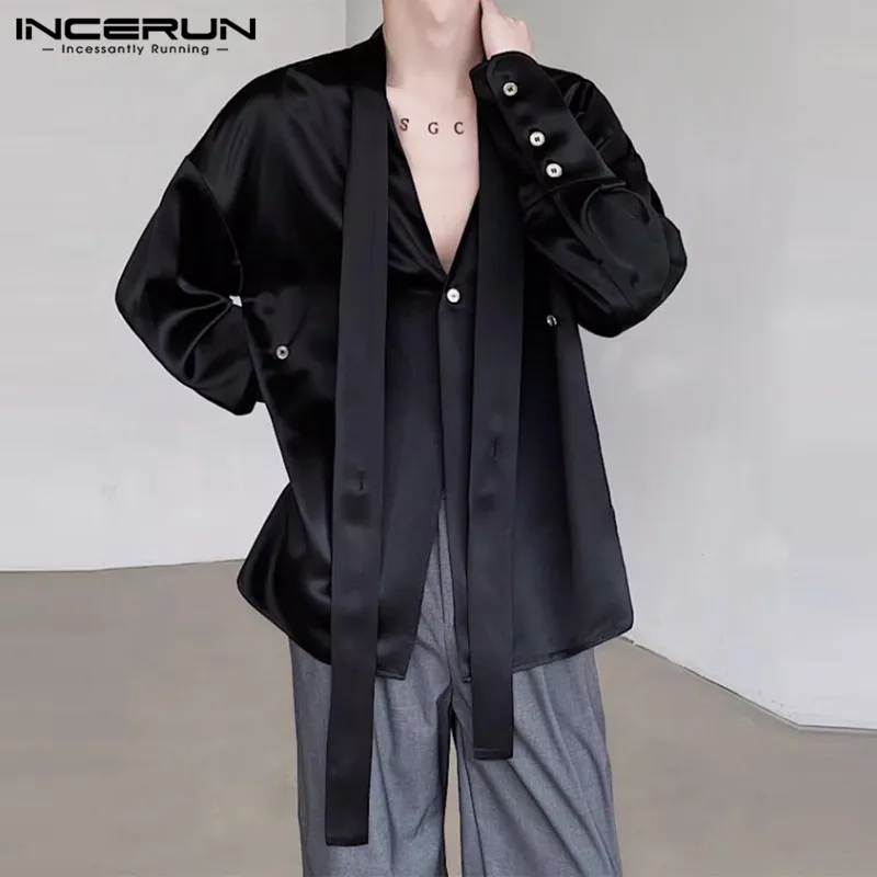 INCERUN Tops 2024 Korean Style Clothing New Men Satin V-neck Tie Design Shirts Fashiona Casual Pendant Long Sleeved Shirts S-5XL