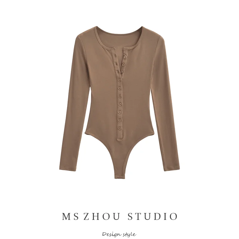 

Сексуальная пикантная девушка, круглая эластичная облегающая длинная комбинезон на одной пуговице, женская осенне-зимняя футболка Base irt Top