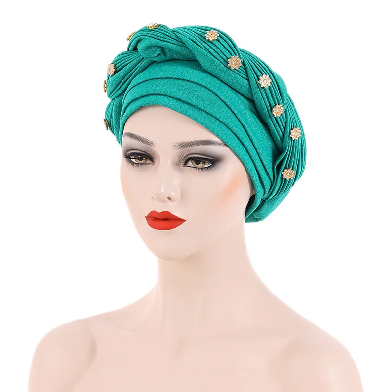 Multilayer Diamonds Braid Turban Caps Women Muslim Headscarf Bonnet Female Headwrap Hat Ready to Wear African Auto Gele Headtie