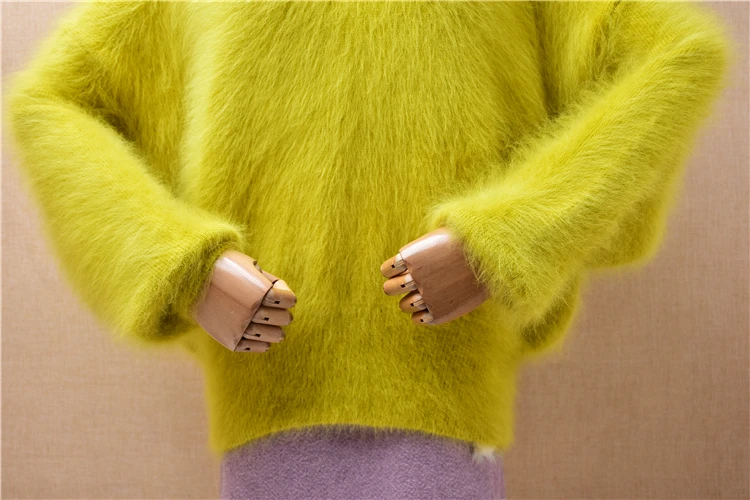 Ladies Women Fashion Fall Winter Green Hairy Mink Cashmere Knitted Long Batwing Sleeves O-Neck Loose Pullover Jumper Sweater Top