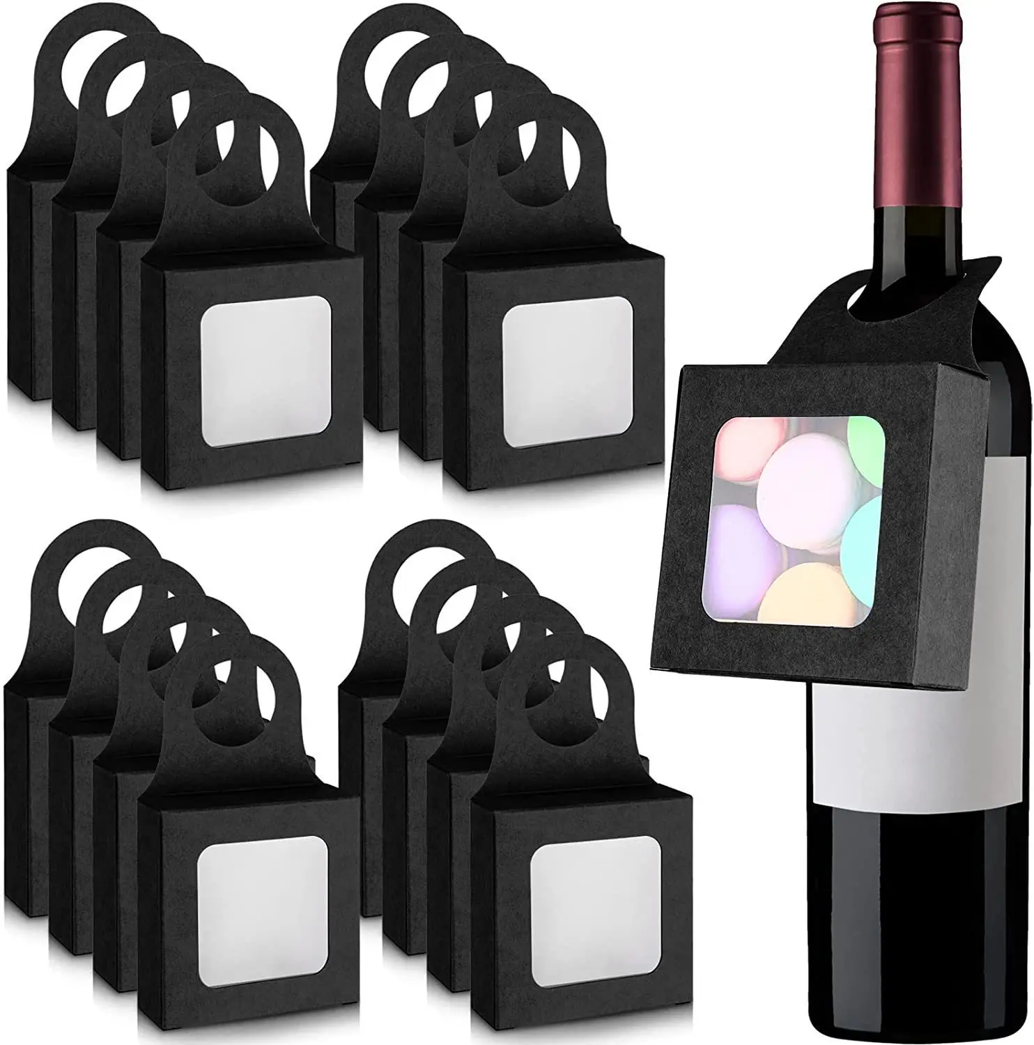 10Pcs Paper Wine Bottle Box with Window Hanging Foldable Wine Boxes for Holding Candy Truffles Chocolate Cookies Party Favors