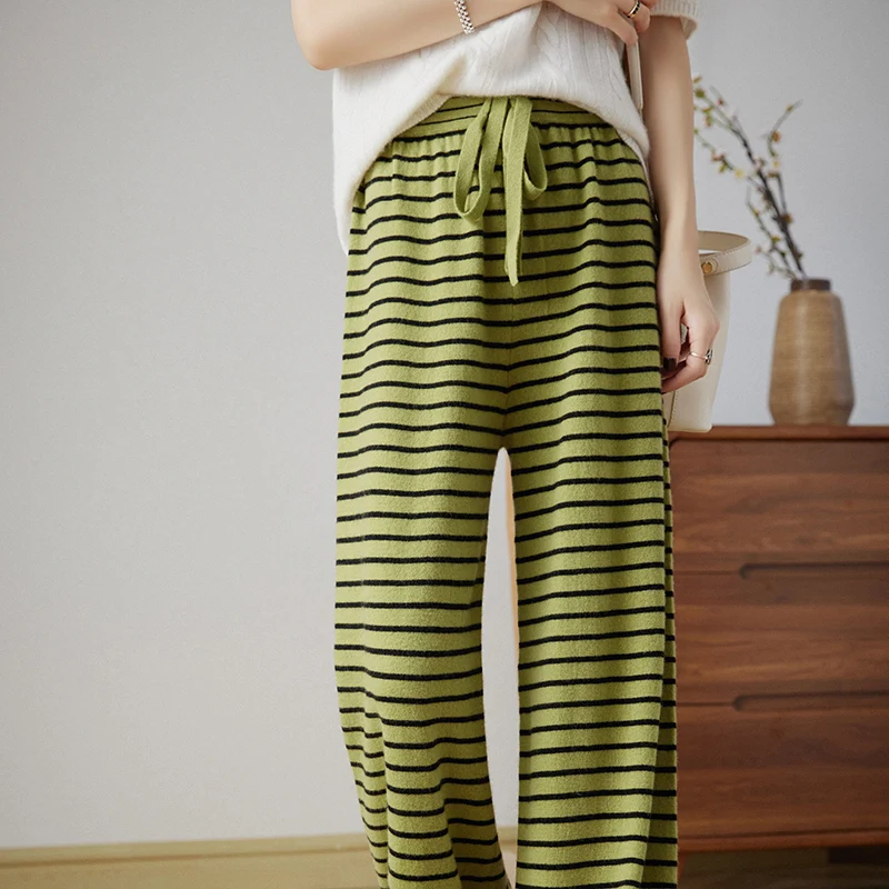 Black-and-white striped pure wool knitted wide-leg pants women wear high waist and slim straight versatile loose casual mop pant