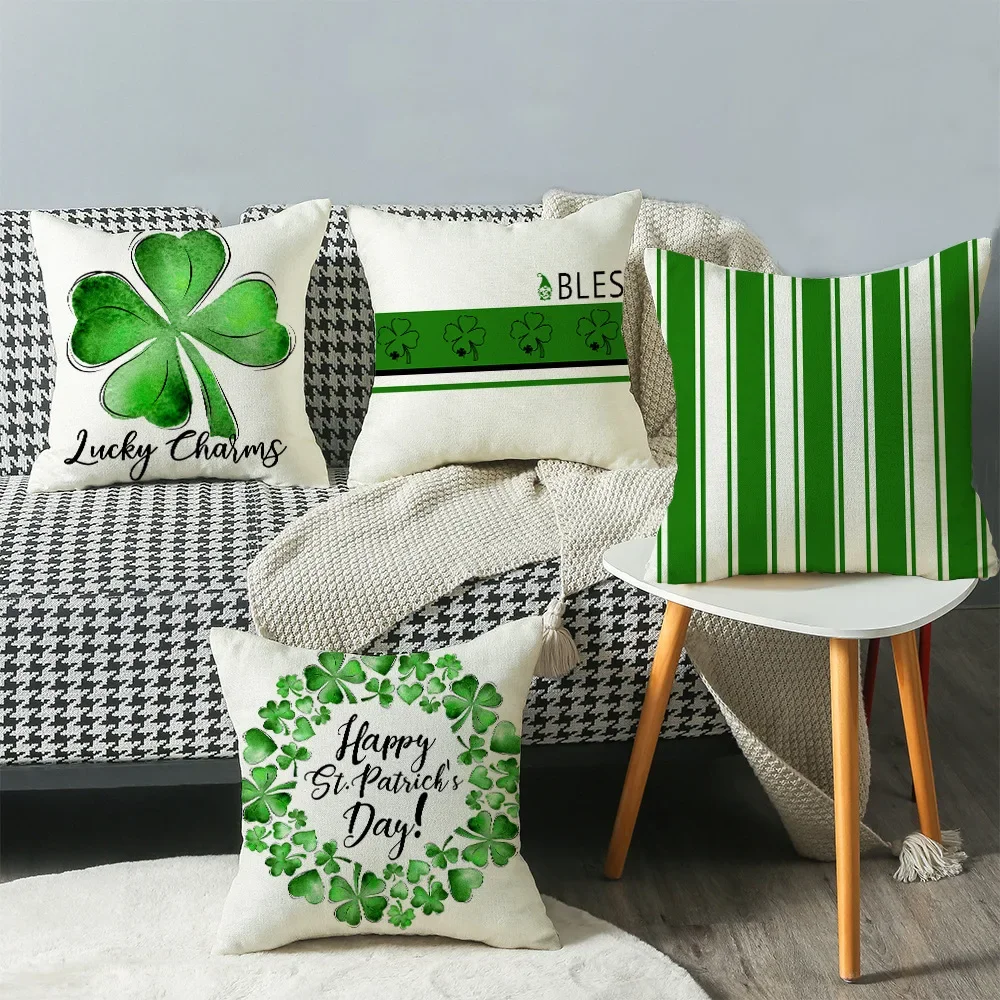 Happy St. Patrick's Day Green Pillowcases Clover Green Hat Throw Pillow Cover Double-Sided Print Home Decoration Cushion Cover