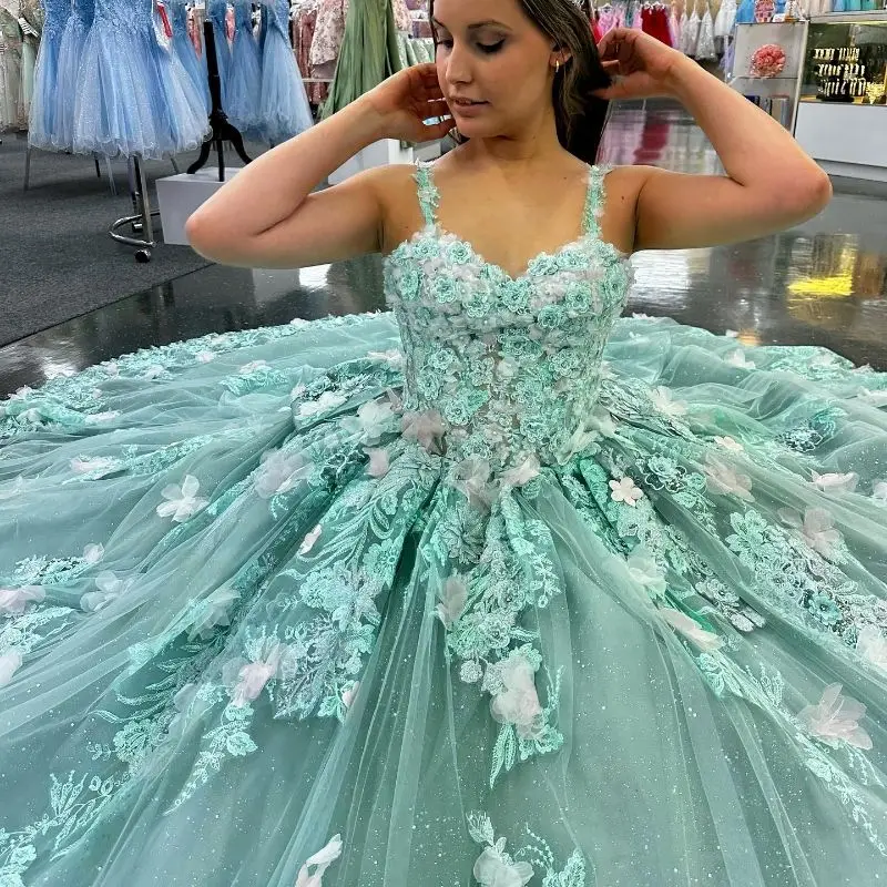 Customized Mint Green Quinceanera Dress Spaghetti 3D Floral Applique Flower Beaded Sweet 16 15 Vestidos De 15 Anos YQD478