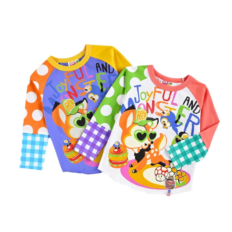 

2025 Autumn Cartoon New Long Sleeve T-shirt for Girls Cute Japanese Trendy Style Color blocked Top Small and Medium sized T