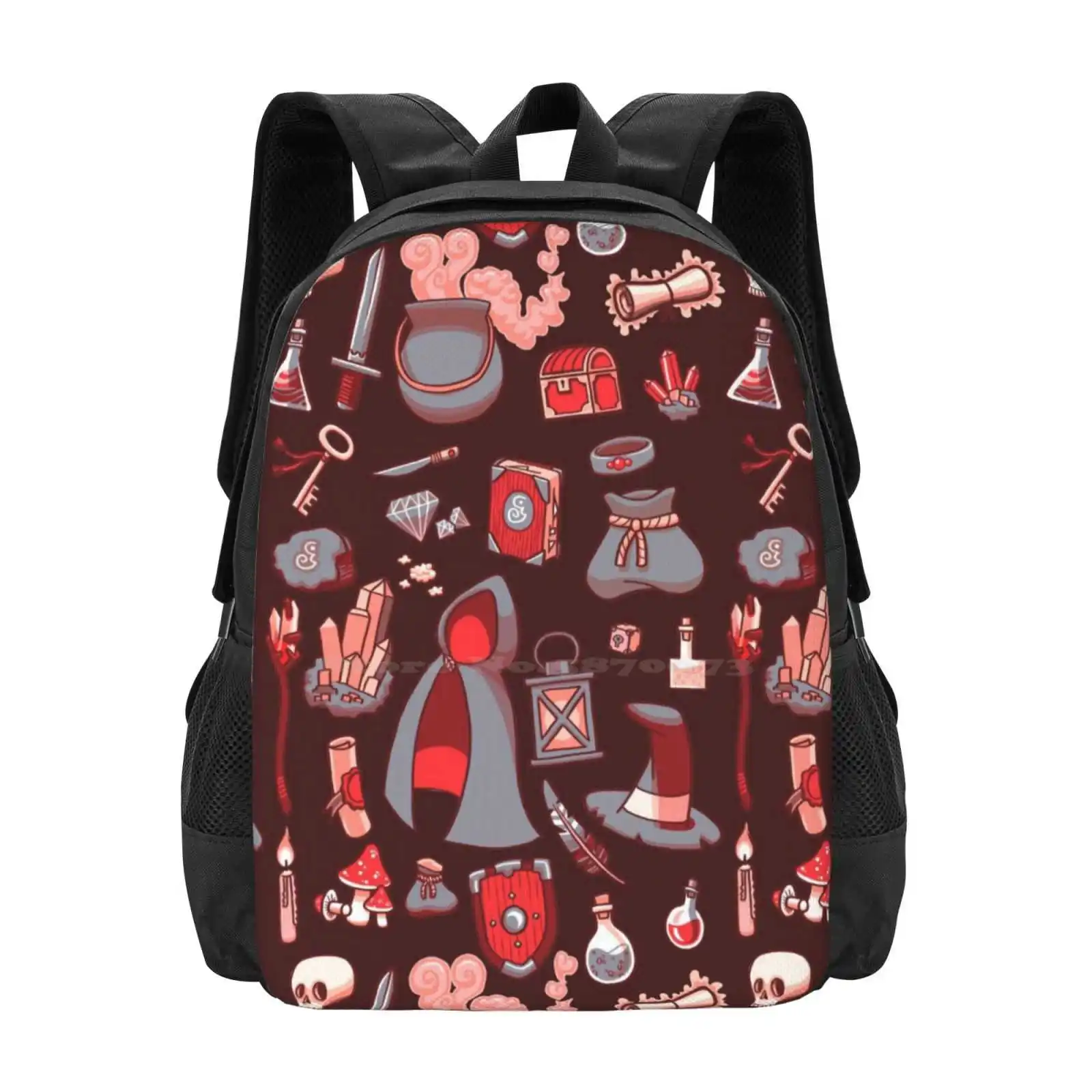 Magic Stuff Fashion Pattern Design Travel Laptop School Backpack Bag Rpg Magic Sorcery Sword Nerd Potion Scull Chest Mushroom