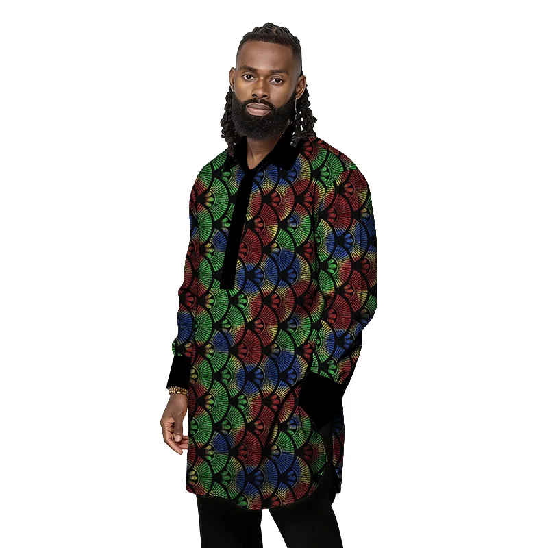 African Print Couture Men's Patchwork Shirt Original Black Collar Top Designer Tailor-Made Party Wear Groom Outfit