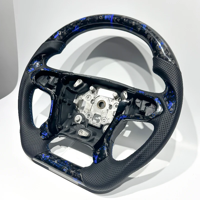 Blue Forged Carbon Fiber Thumb Patch Black Perforated Leather Suitable for Chevrolet Silverado 1500 2018 Sport Steering Wheel