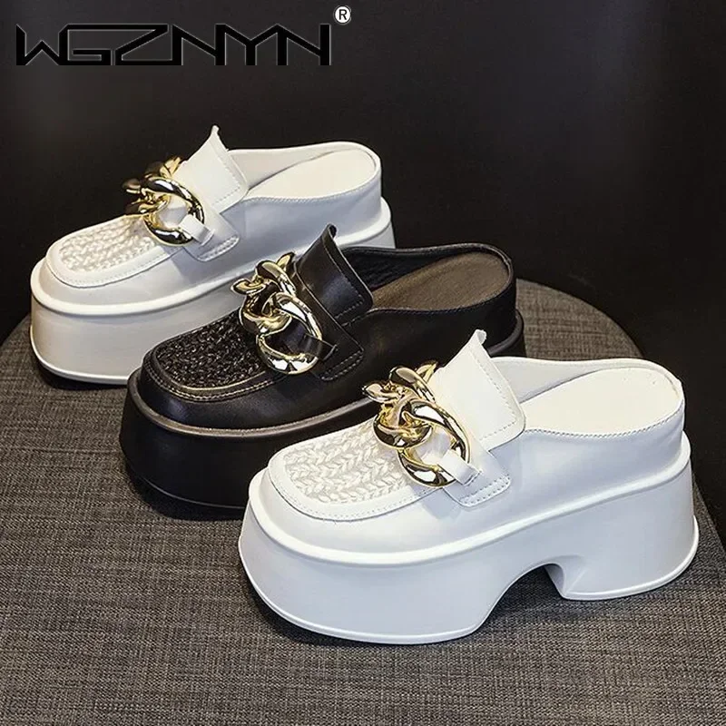 2026 شبشب جلدي حقيقي موضة 11 سنتيمتر الارتفاع زيادة السيدات منصة عادية إسفين النعال النساء الانزلاق على الأحذية النسائية