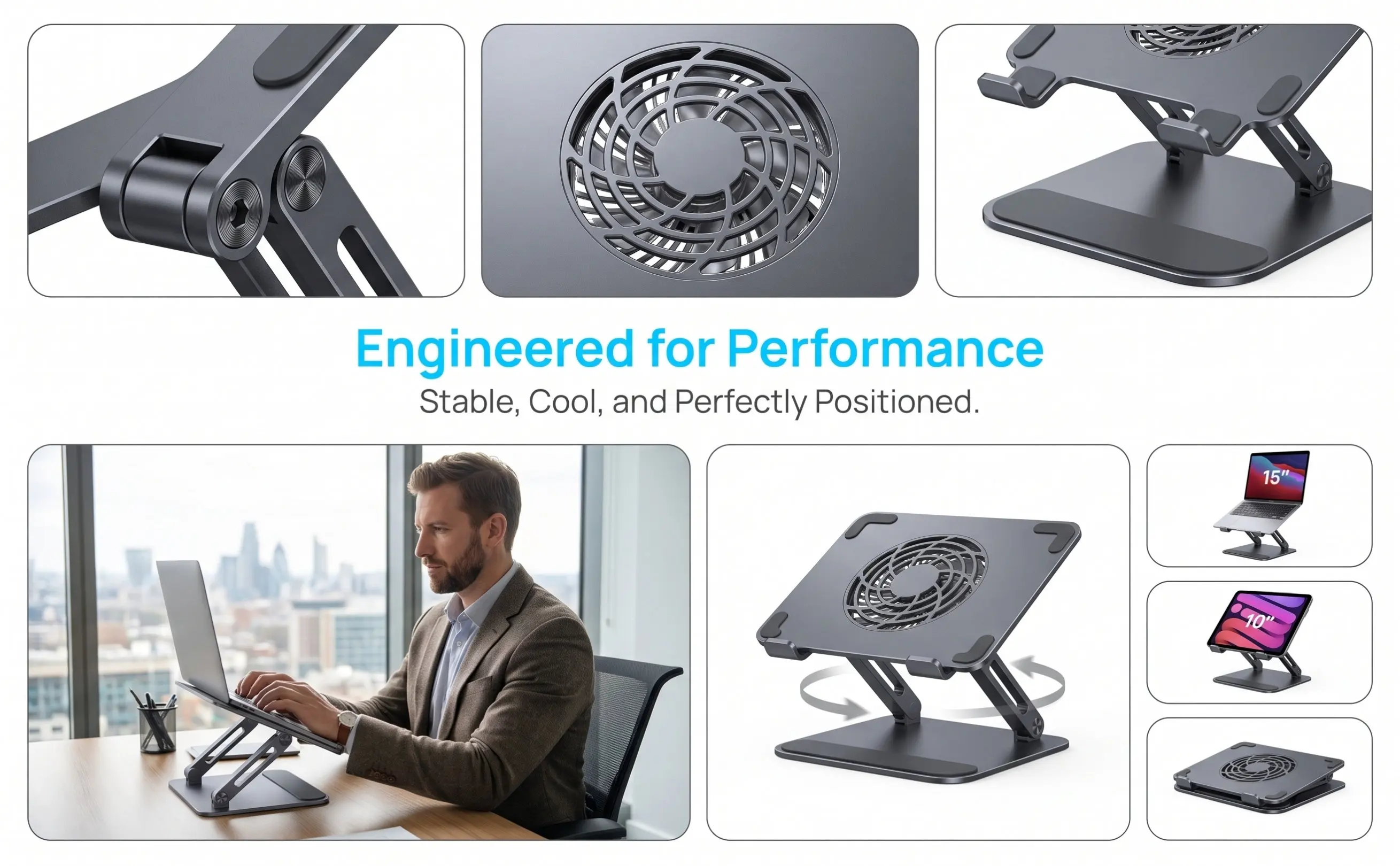 Laptop Cooling Stand Foldable Portable Ergonomic Fan Holder Notebook Riser Stable Laptop Riser for Desk Tablets