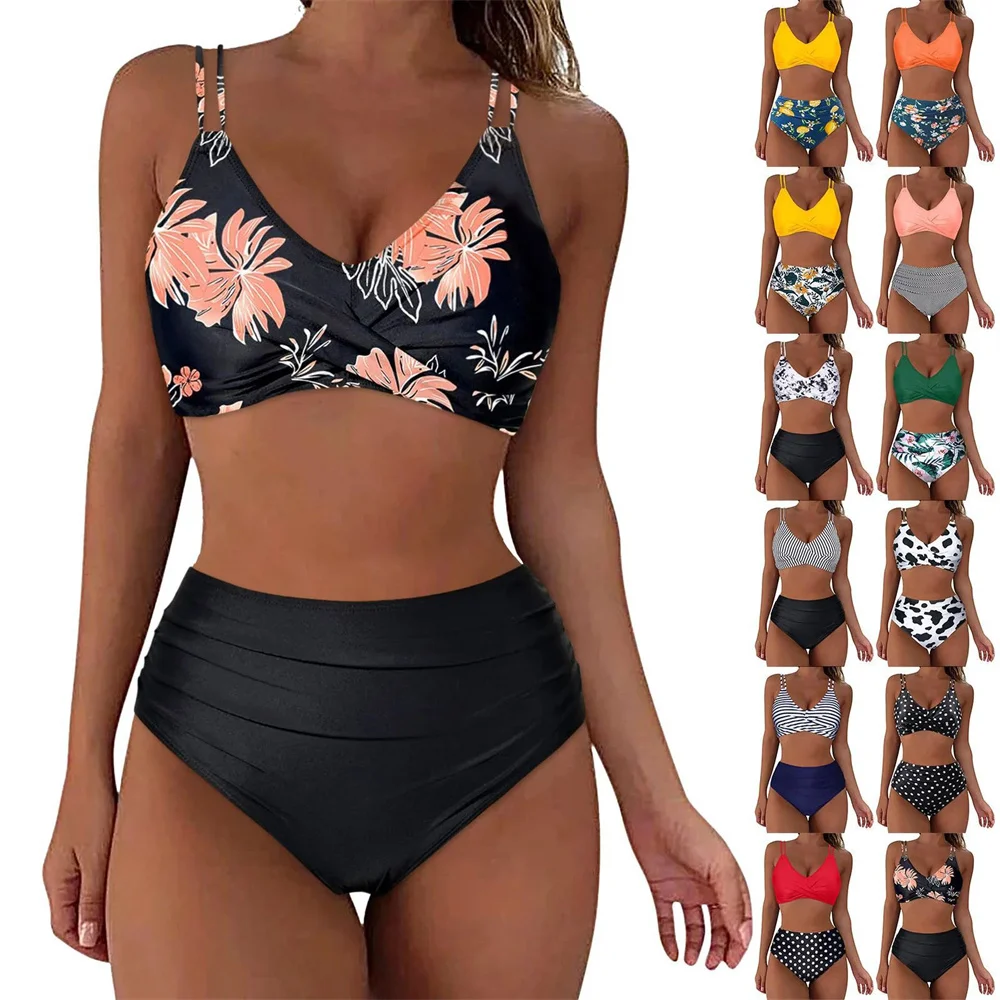 

New beach holiday two-piece bikini for 2024 Bikini, a high-waisted solid-color printed push-up swimsuit for women