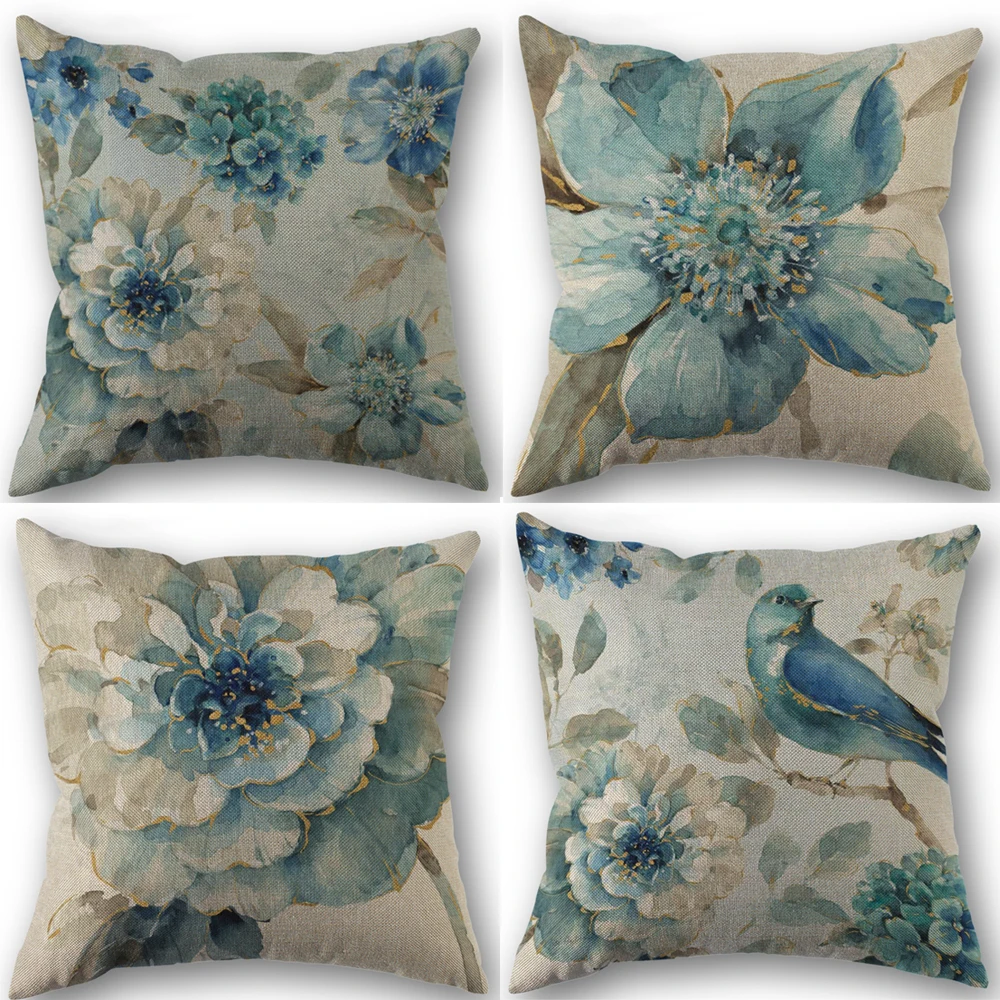 Indigold Watercolor Flower Pillow Cover Blue Bird Floral Cushion 45x45cm Linen Pillowcase Decoration Salon Cushion Cover