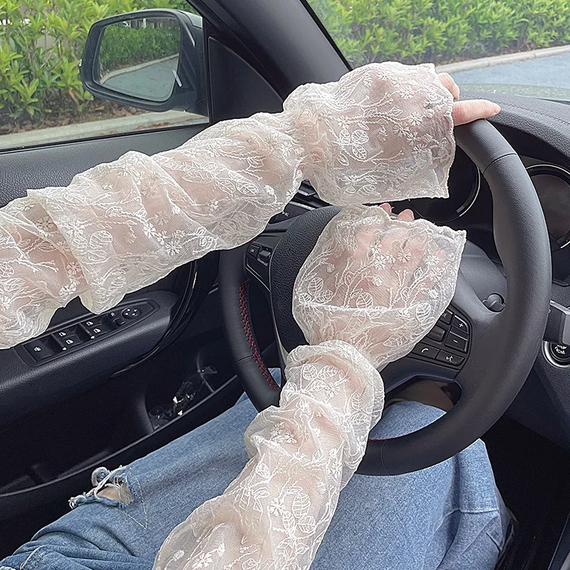 المرأة الصيف طويلة الأكمام الواقية من الشمس الدانتيل الأزهار أكمام أذرع تبريد الشمس حماية المضادة لحروق الشمس المضادة للأشعة فوق البنفسجية كم طويل