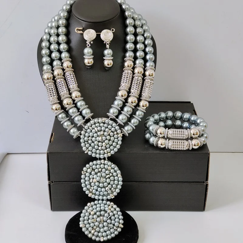 Gray Glass Pearl Bead Jewelry Set Nigerian Wedding 2 Gray Glass Pearl Bead Jewelry Set Nigerian Wedding