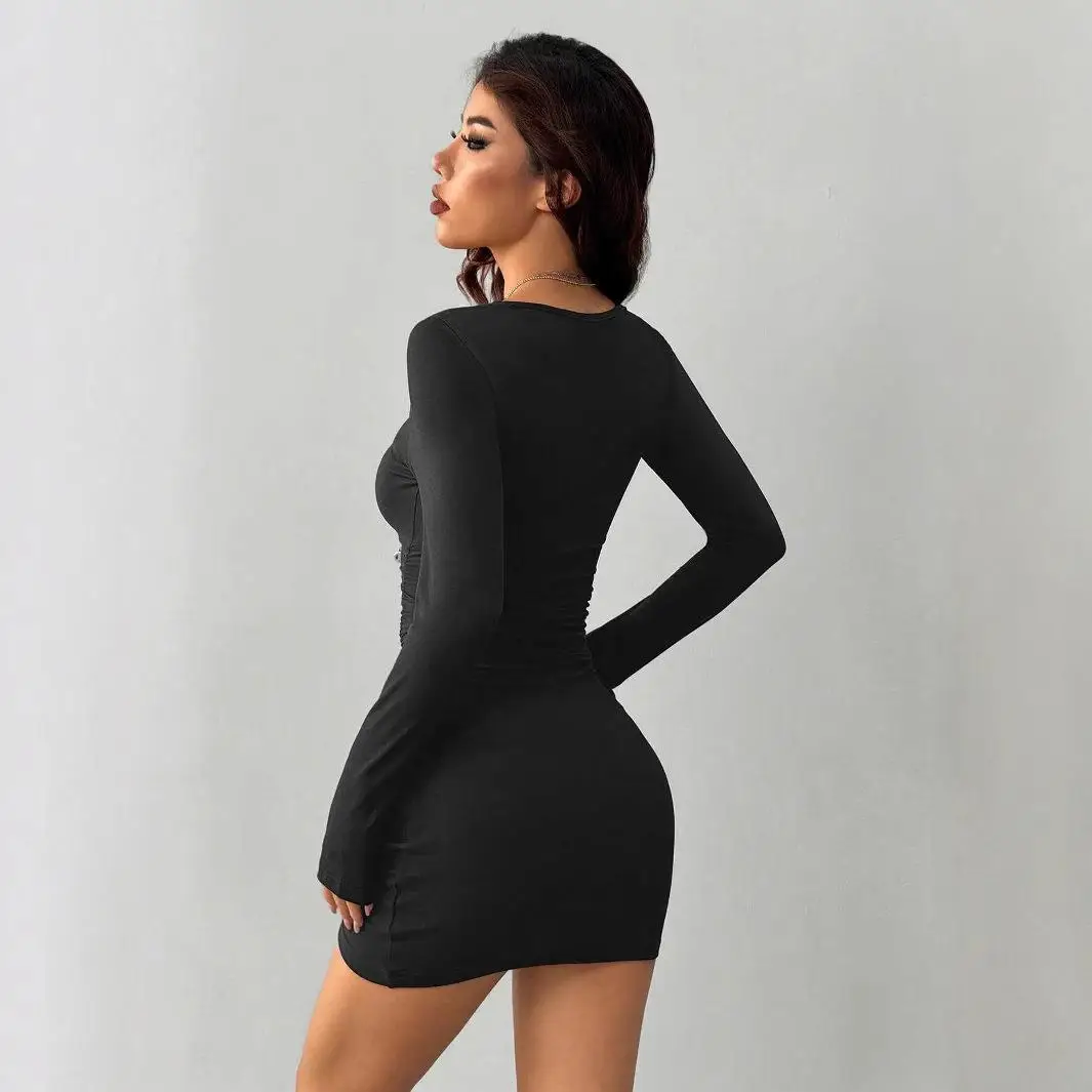 

Sexy American Ele Dr with Long Sve And Wave Collar High Waist Cross-Border Women's Faion New Arrival