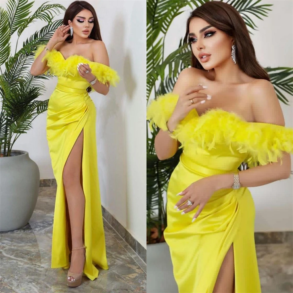 Customized  Sexy Casual  Evening Satin Feather Draped Pleat Graduation A-line Off-the-shoulder Bespoke Occasion Gown Long Dresse