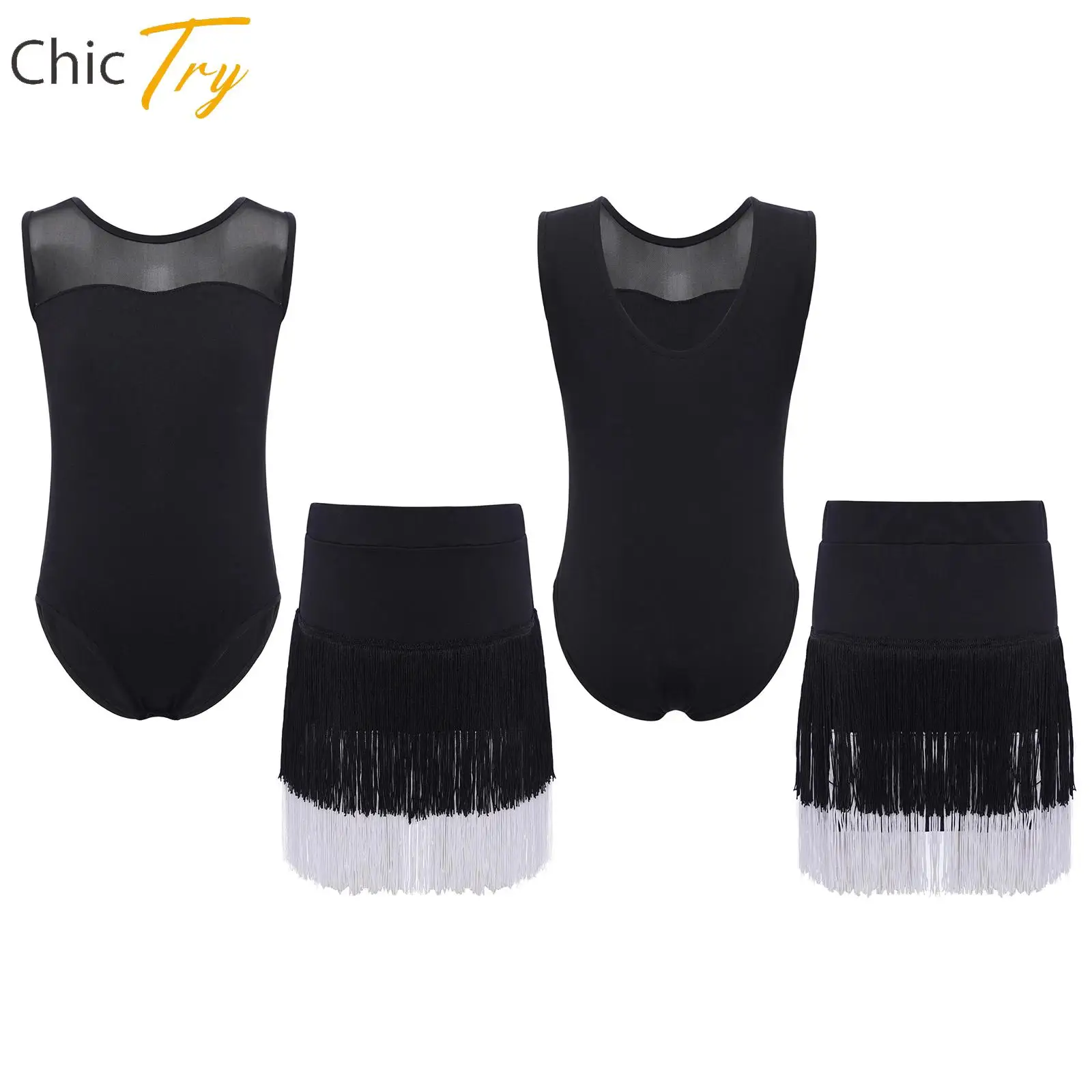 

Kids Tango Latin Dance Outfit Girls Cha-cha Samba Dance Performance Sets Sleeveless Leotard+Tassel Skirt 2-piece Dancewear Set
