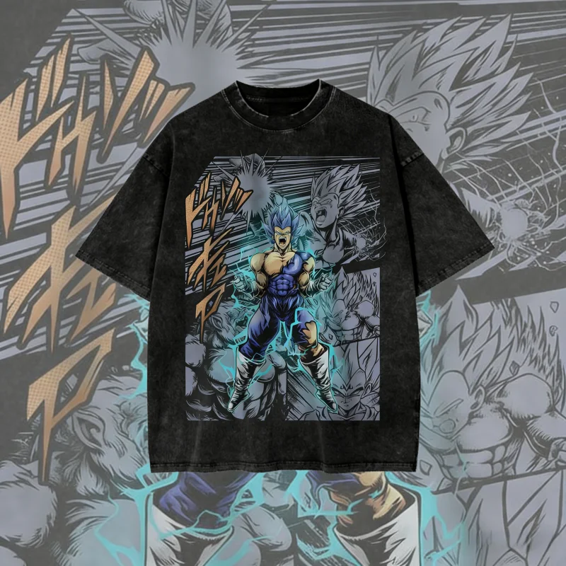 

Летняя винтажная футболка Dragon Ball 2026 из выстиранного хлопка, оверсайз, унисекс, с синим принтом Вегито, повседневная, для мужчин, женщин, детей, уличная одежда