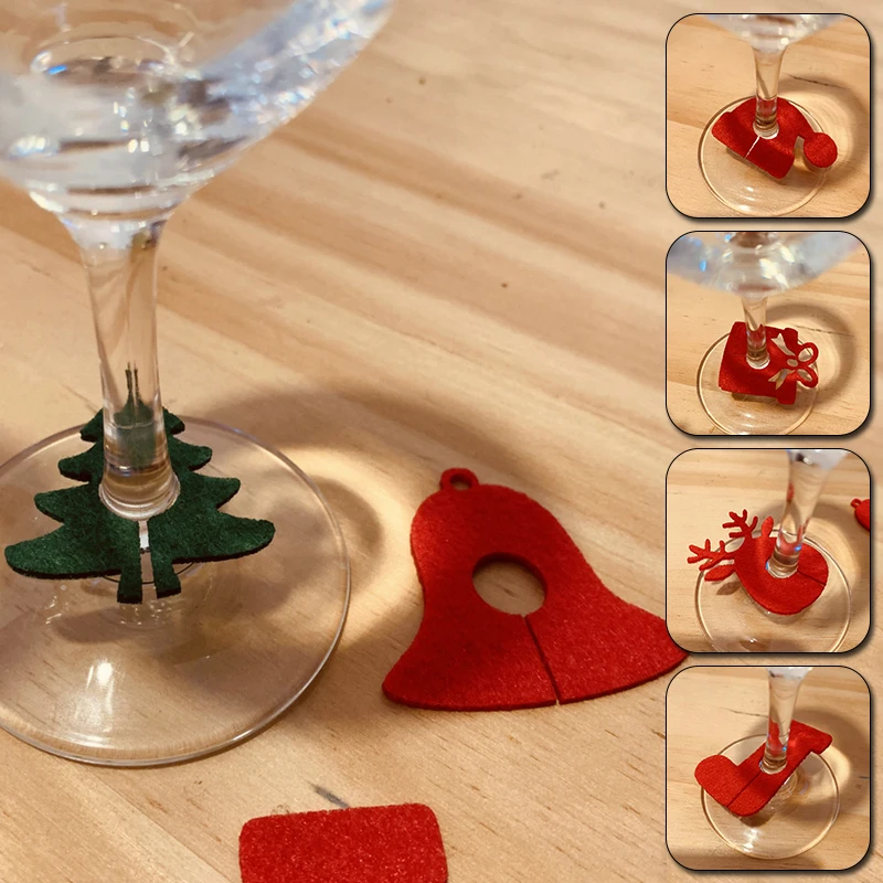 6pcs Christmas Wine Glass Decoration Felt Snowflake Xmas tree Charms Ornaments for Goblet Tags Buckle Cup Ring Party Home Decor