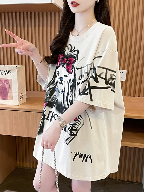 Women's Loose Fit Cotton T-Shirt Graffiti Print Short Sleeve Korean Style Commute Fashion Summer Sweat Absorbent Knitted Top