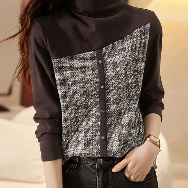 

Autumn Winter New Simple Texture Splice Button Half High Collar Long Sleeve Slim T-shirt Women Commuter Korean Tops Thick Chic