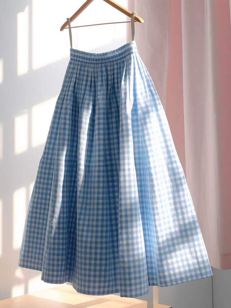 French Elegant Blue Plaid Umbrella Skirt Women's Beautiful Unique A-line Lone Skirt Spring Summer Vintage Y2K Casual Slimming