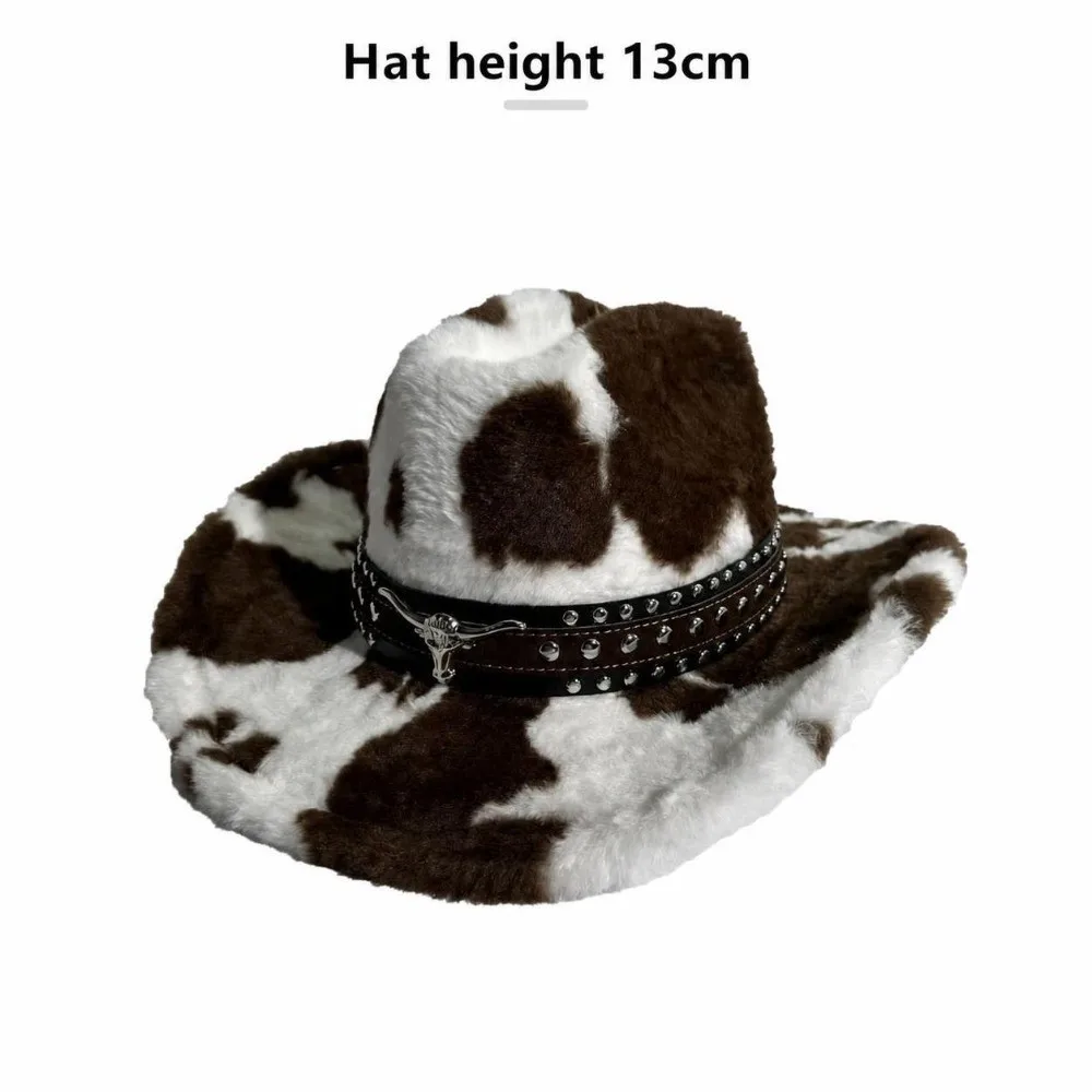 Rivet Strap Cow Print Cowboy Hat Decorative Metal Belt Wind Resistant Western Hat Wide Brim Unisex Design Fuzzy Winter Hat