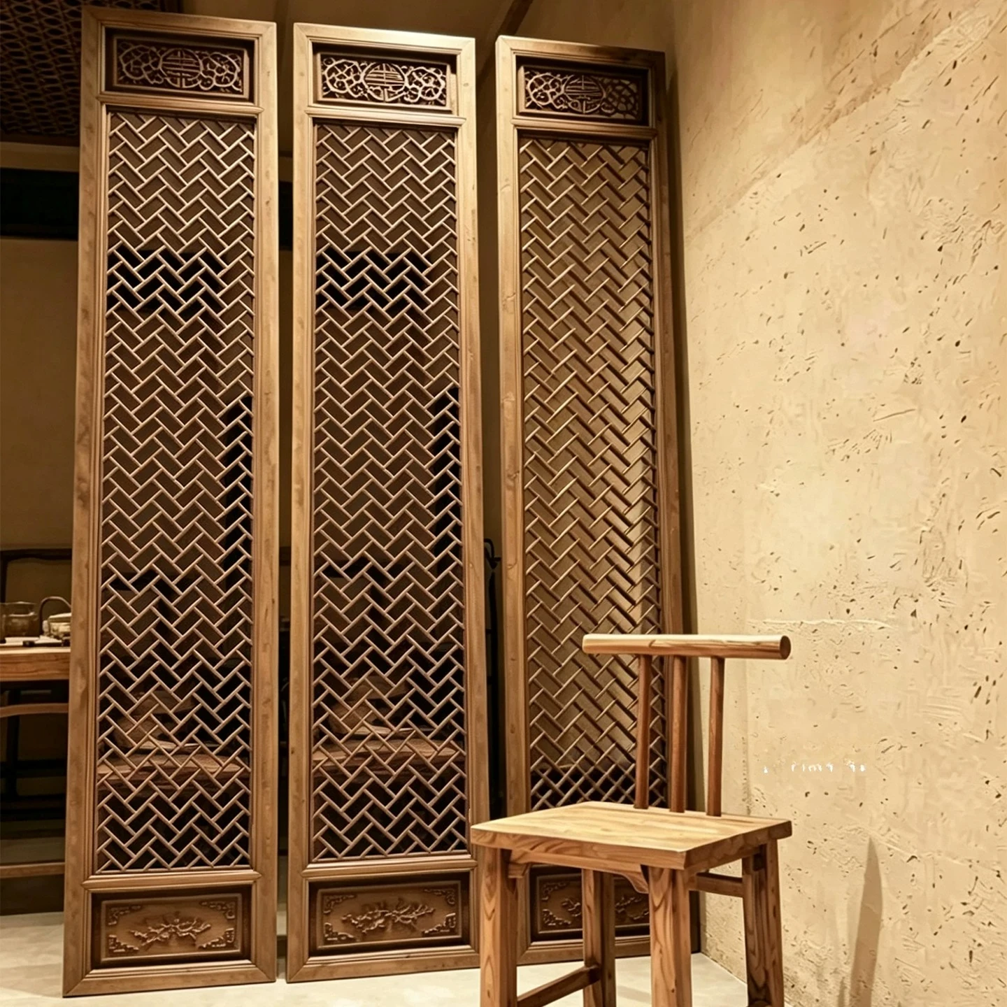 Chinese  wood hollow lattice antique partition screen old tea room background wall wood carving doors and windows live stream