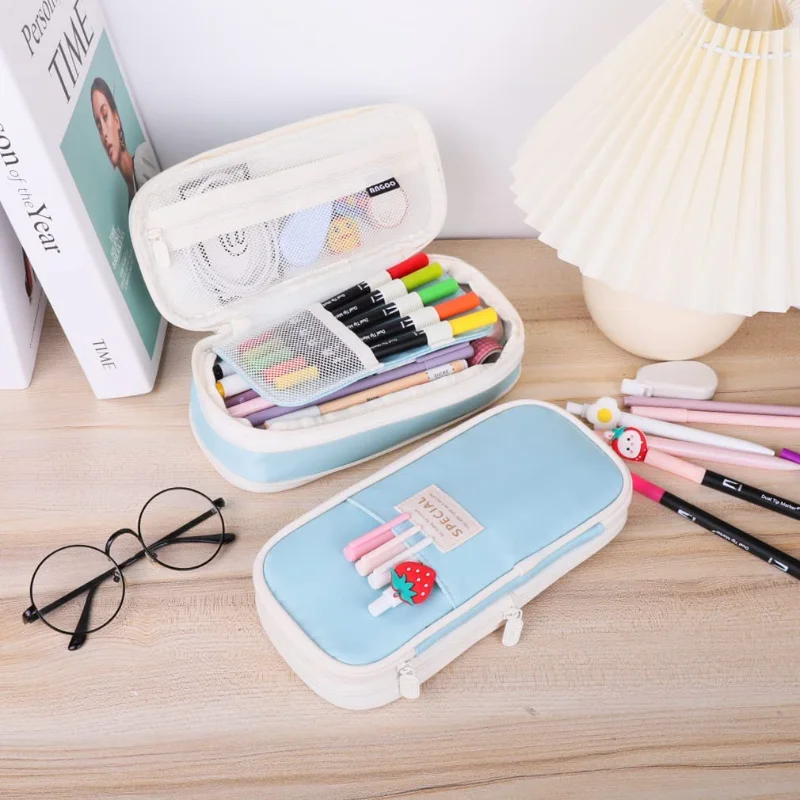 Kawaii Pencil Case Macaron Color Canvas Stretch Double Layer Large Capacity Pencil Box Cute Pencilcase Kids School Stationery