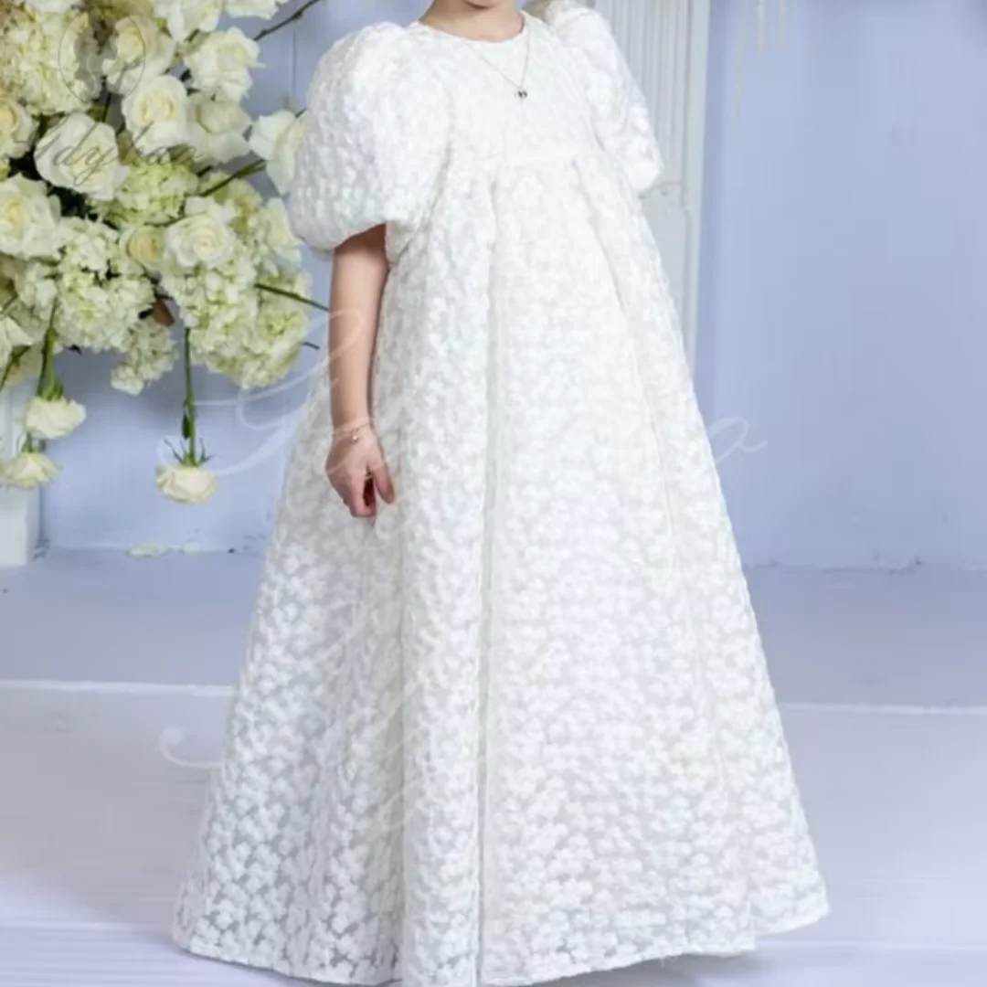 Vestido elegante de encaje con mangas abullonadas y cuello alto para niña, vestido de princesa de cintura alta, vestido de primera comunión personalizable