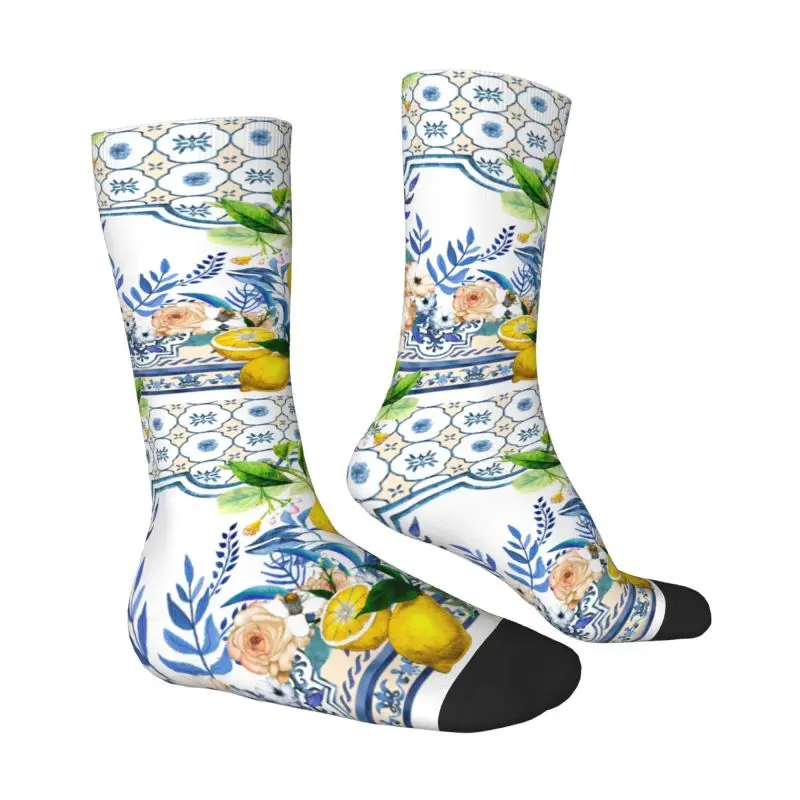 Custom Fashion Mediterranean Sicilian Tiles Lemons Socks Men Women Warm 3D Print Basketball Sports Socks